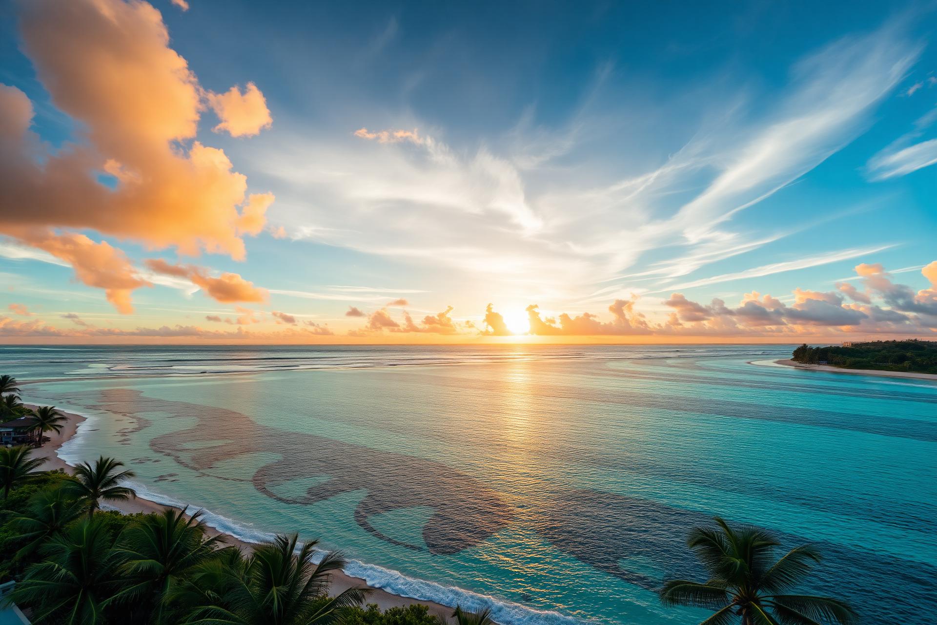 Aerial view of a turquoise tropical coastline at sunrise